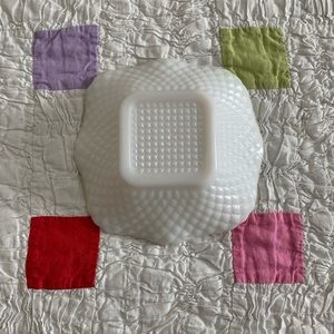 VINTAGE MILK GLASS DISH 6” SQUARE. SMALL SQUARE DIAMOND PATTERN SCALLOPED EDGE